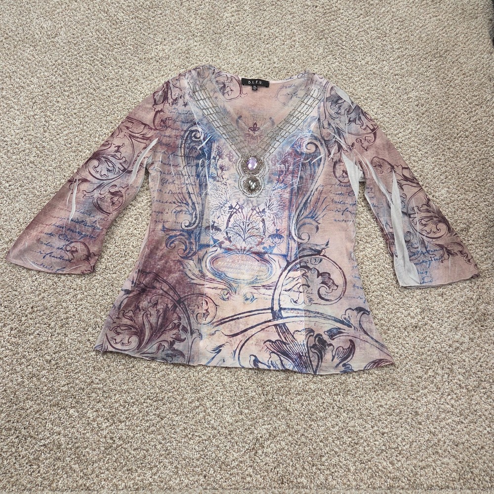 B.L.E.U. Y2K Women's Top XL Beaded Gem Whimsigoth Dark Fairy Witchy Bell Sleeve